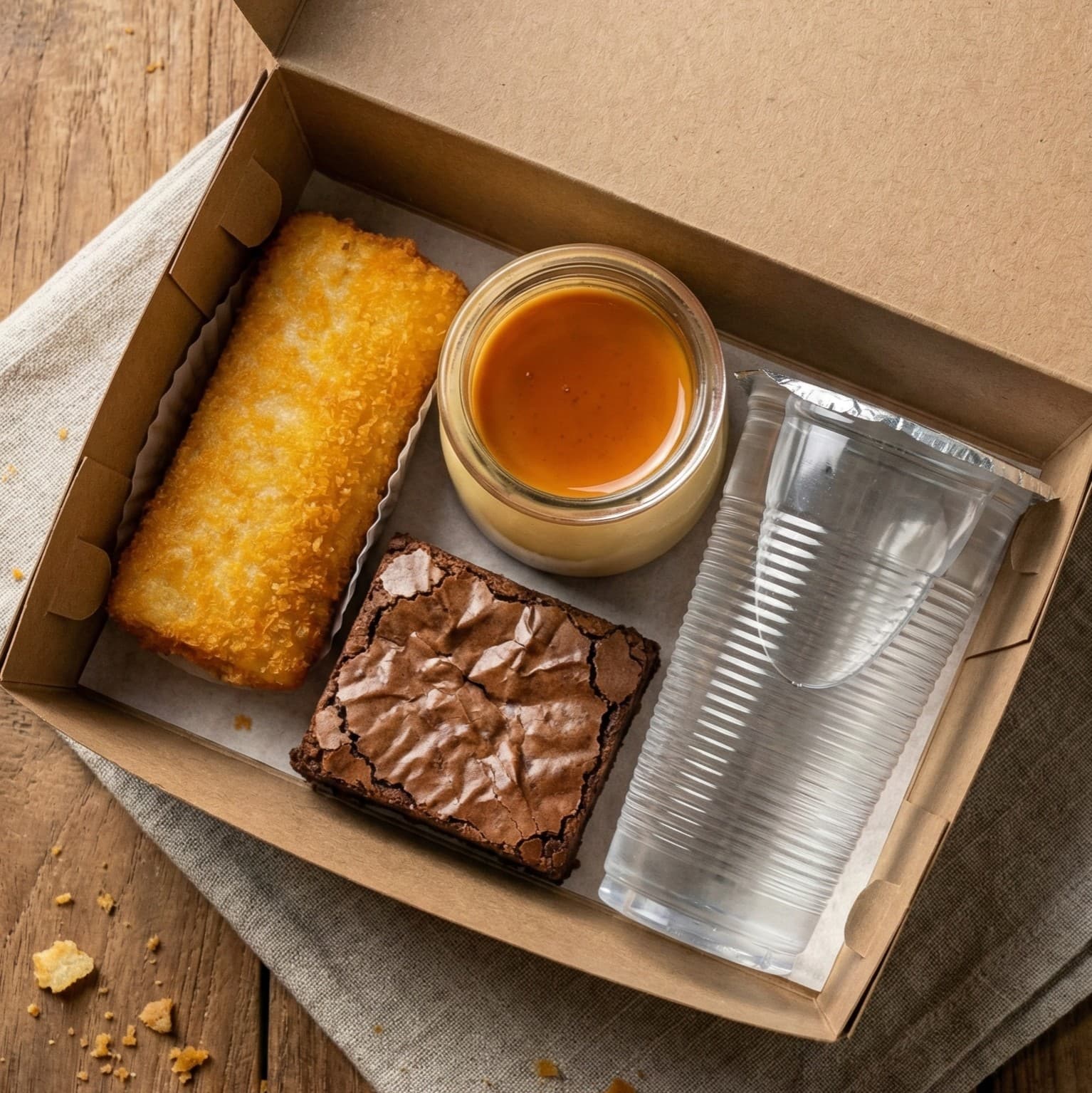 Top down view of a premium snack box with various cakes and pastries